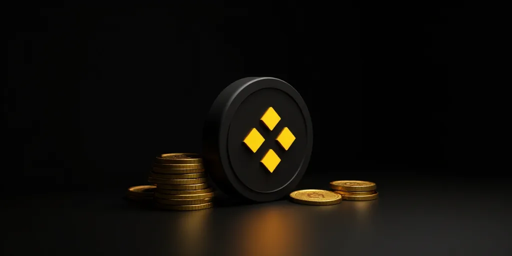 a stack of coins sitting next to a binance sign and binance logo on a black background with binance