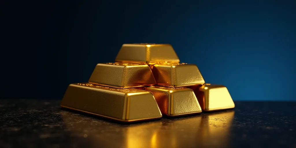 a stack of gold bars sitting on top of each other on a table top with a black background and a blue
