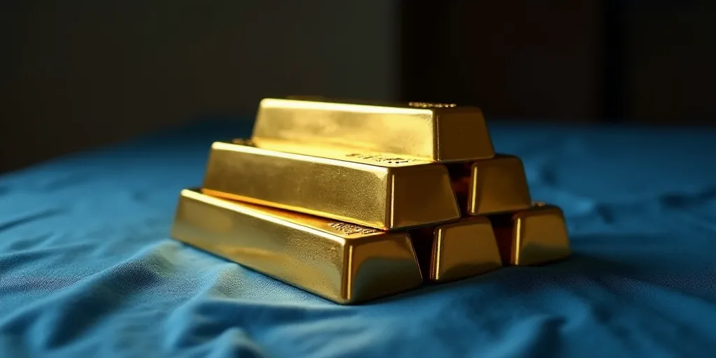 a stack of gold bars sitting on top of each other on a table top with a blue cloth underneath, Const