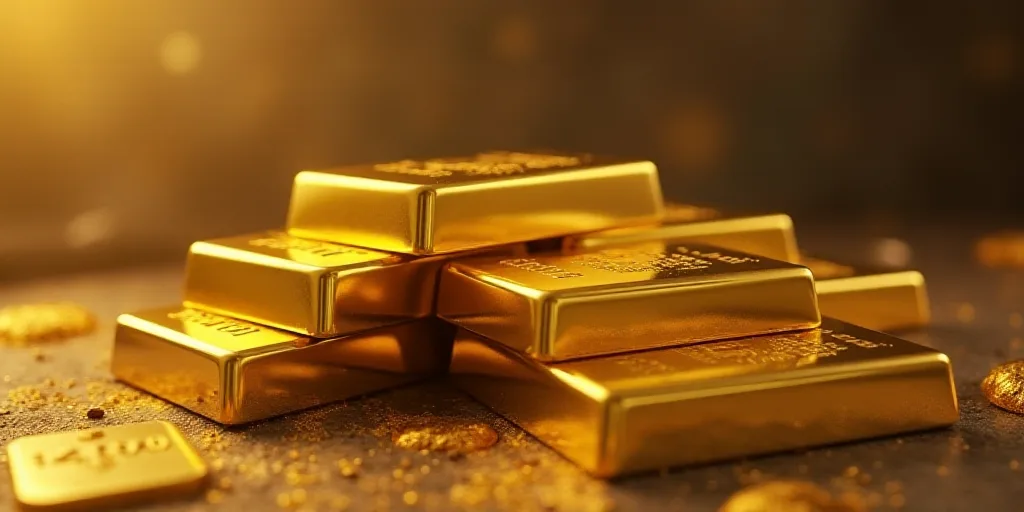 a stack of gold bars sitting on top of a table next to a pile of other gold bars on a table, Enguerr