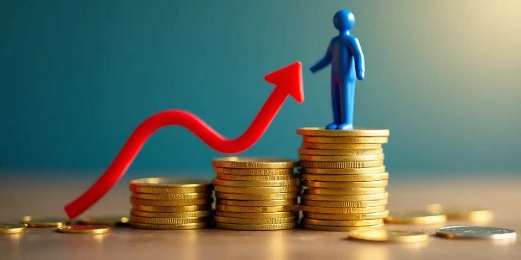 a stack of gold coins with a red arrow going up and a blue figure standing on top of it, Andries Sto