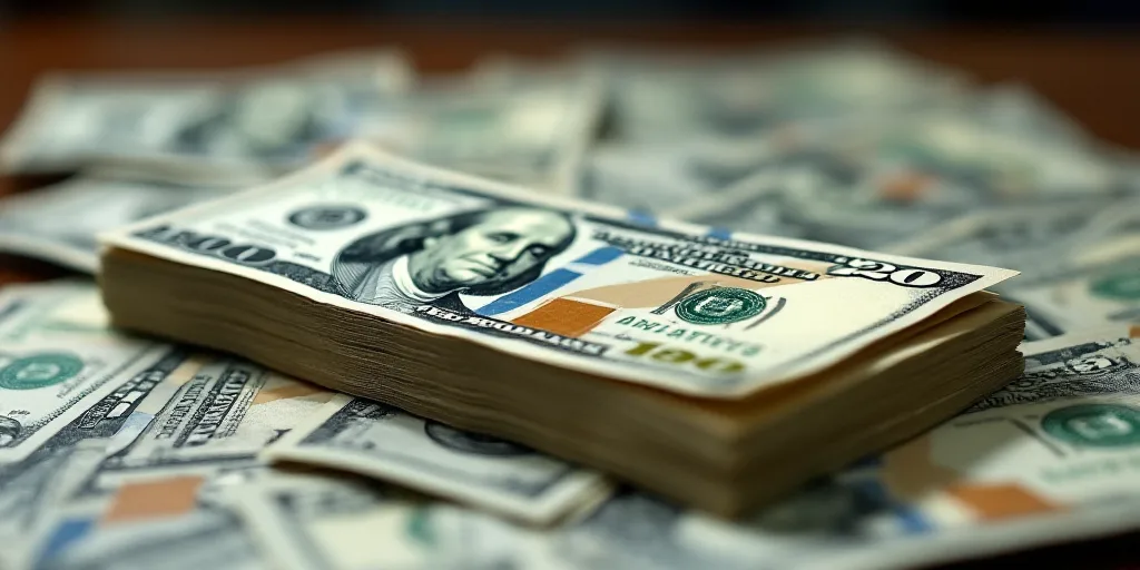 a stack of twenty dollar bills on top of a pile of other twenty dollar bills on a table top, Benjami