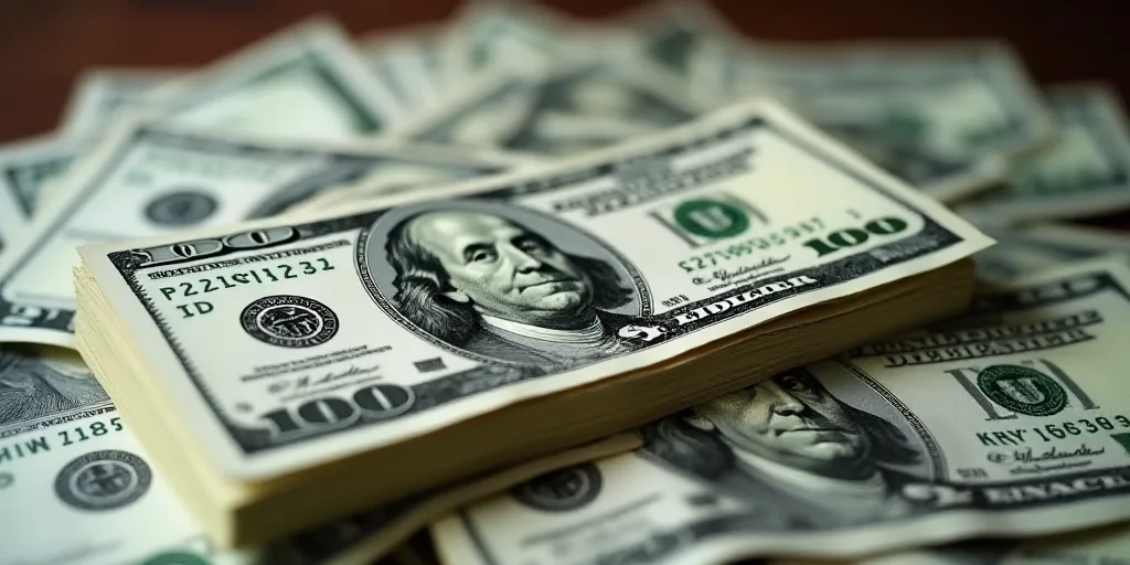 a stack of twenty dollar bills on top of a pile of other twenty dollar bills on a table top, Benjami