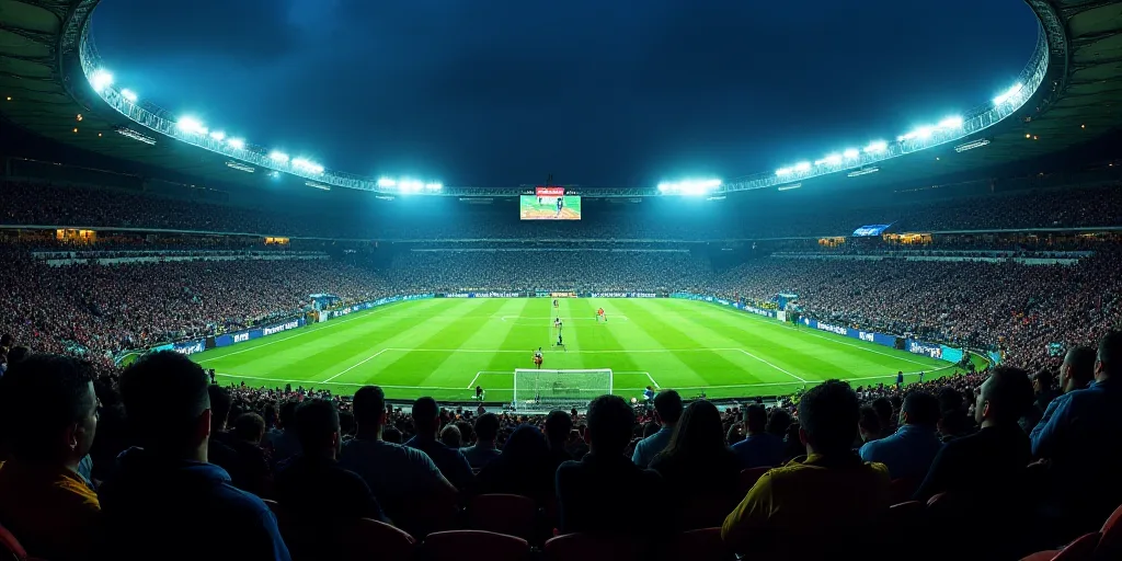 a stadium full of people watching a soccer game at night time with a large screen on the wall above
