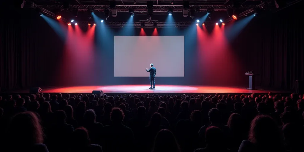 a stage with a large screen and a speaker on it with people sitting in the audience watching it on,