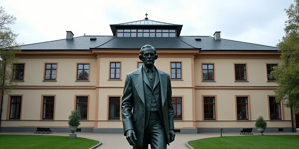 a statue of a man in front of a building with a skylight on top of it's roof, Carl Gustaf Pilo, fron