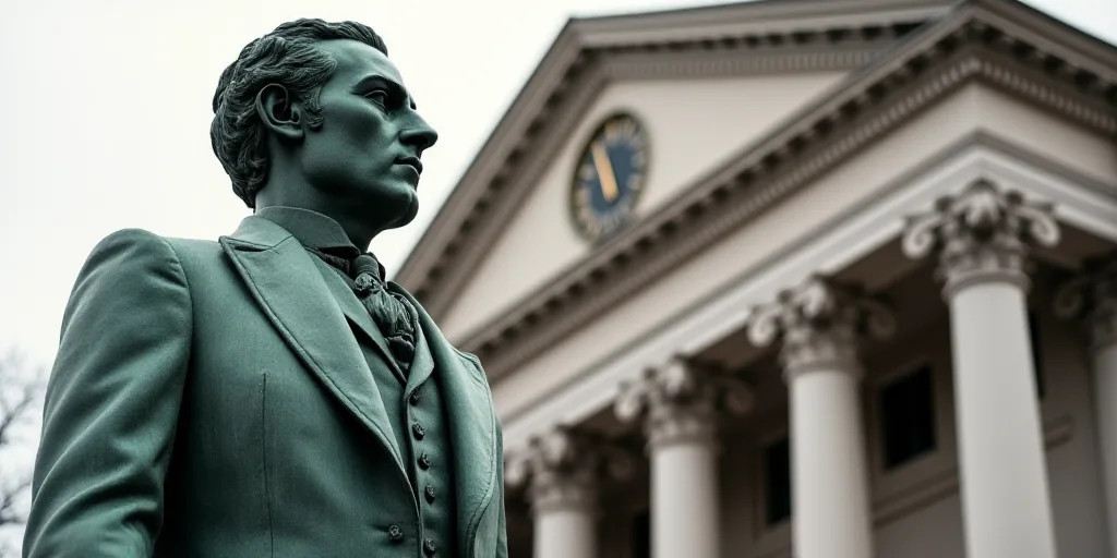 a statue of a man in front of a building with columns and a clock on the top of it, Cassius Marcellu