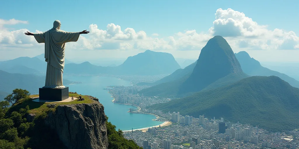 a statue of christ overlooking a city and mountains in rio, brazil, with a view of the city below, A