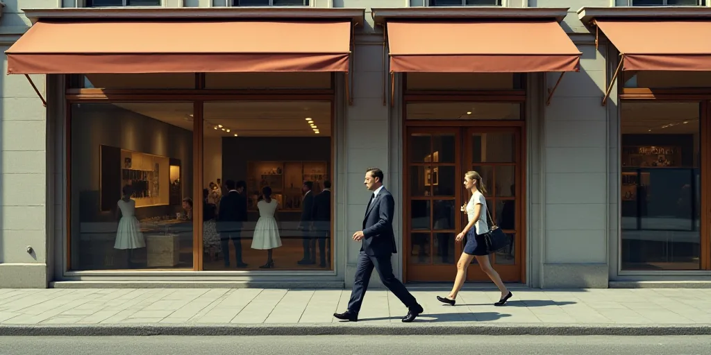 a store front with a couple of people walking in front of it and a man in a suit and tie, Anna Maria