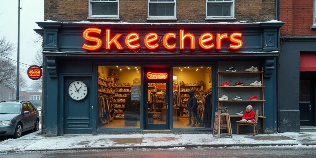 a store front with a sign that says skeechers on it's side and a clock on the front, Florianne Becke