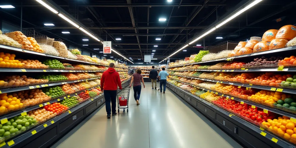 a store with a large amount of food on display in it's aisles and people shopping in the aisles, And
