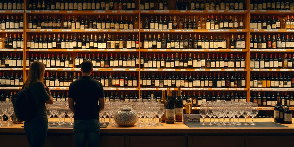 a store with a large display of wine bottles and wine glasses on the shelves and people looking at t