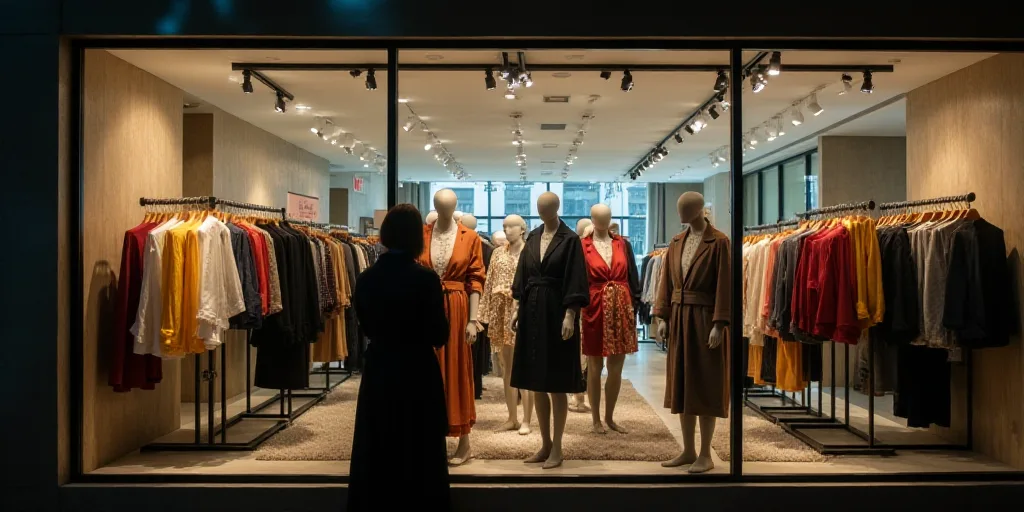 a store with a lot of clothes on display and people looking at them in the store window and looking