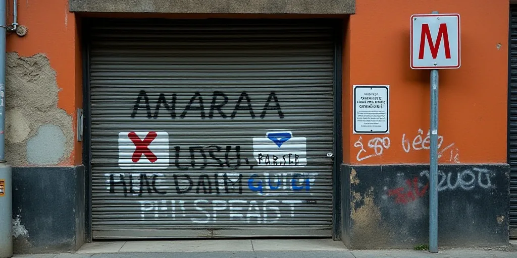 a street sign on a pole in front of a closed garage door with graffiti on it and a sign that says,,