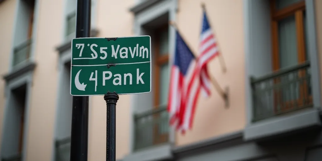 a street sign on a pole with a building in the background and a flag hanging on the wall street sign