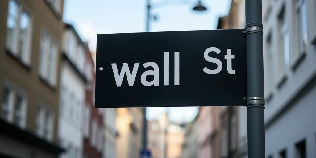 a street sign that is on a pole with a black background and white lettering on it that says wall st,