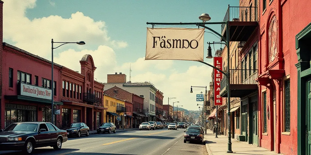a street sign with a white banner on it's side on a city street with cars and buildings, David Alfar