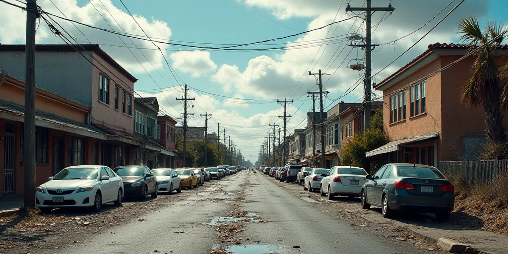 a street with a bunch of cars parked on it and a building that has been torn down and a street light