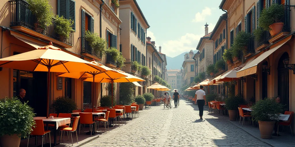 a street with tables and chairs and umbrellas on the side of it and people walking by the sidewalk,