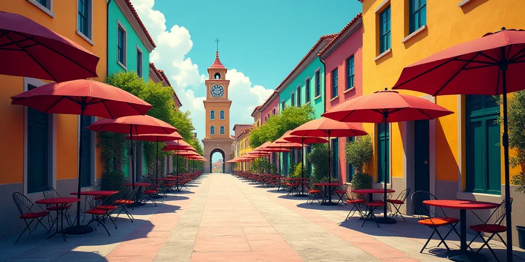 a street with tables and umbrellas on both sides of it and a building with a clock tower in the back