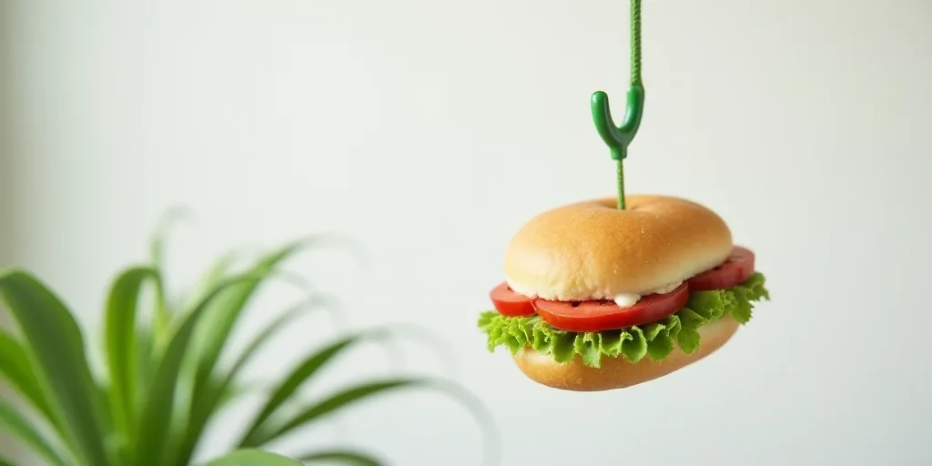 a stuffed sandwich hanging from a green hook on a white background with a green leafy plant in the f
