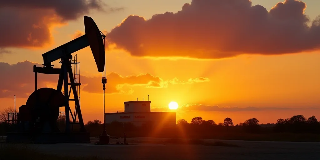 a sunset with a pump jack in the foreground and a building in the background with clouds in the back