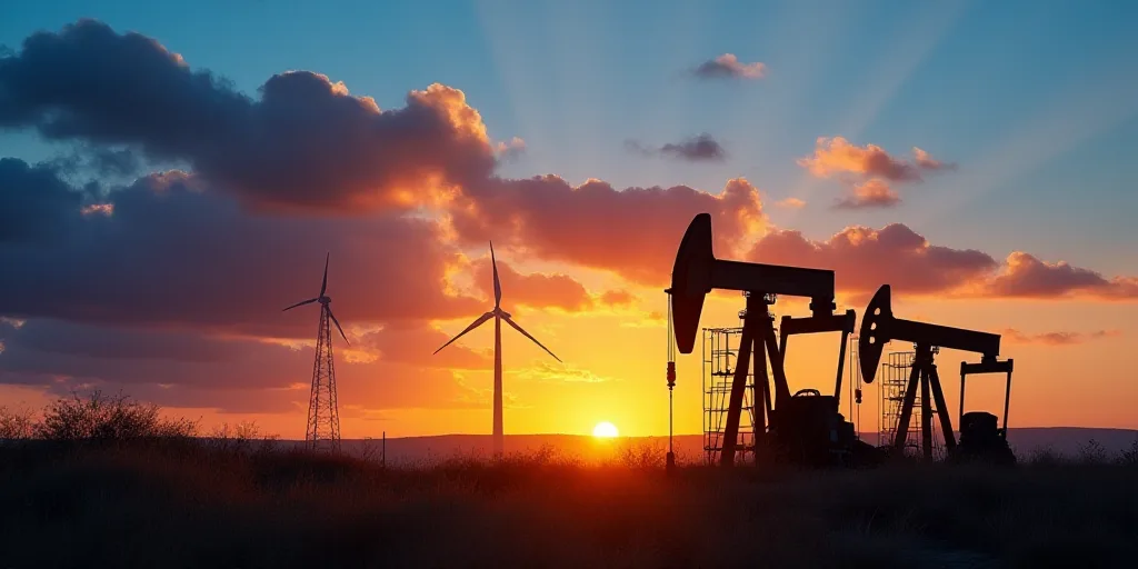 a sunset with oil pumps and a windmill in the background with a blue sky and clouds in the foregroun