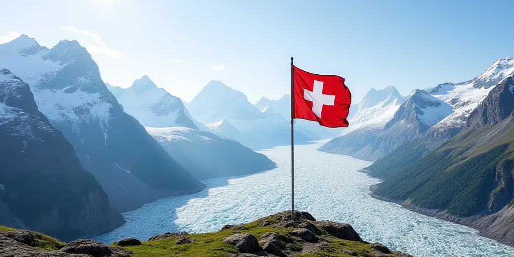 a swiss flag flying in front of a glacier and mountains with a glacier behind it and a glacier in th