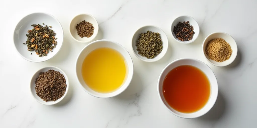 a table topped with bowls of different types of teas and spices next to each other on top of a white