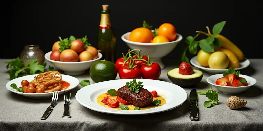 a table topped with plates of food and bowls of fruit and vegetables next to a knife and fork and a