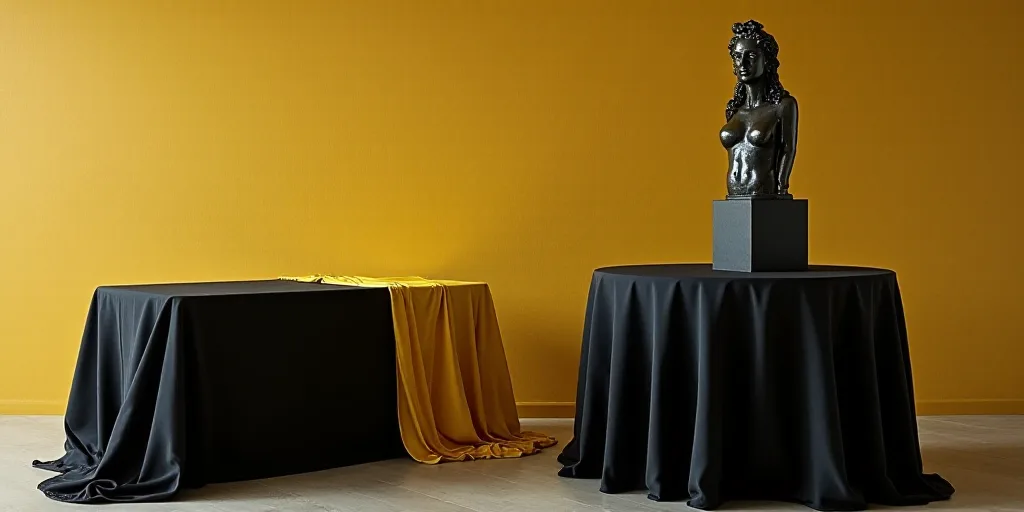 a table with a black table cloth and a yellow table cloth on it and a black table with a black table