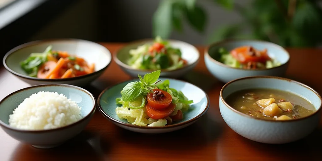 a table with plates of food and bowls of food on it, including a salad, a bowl of rice, and a bowl o
