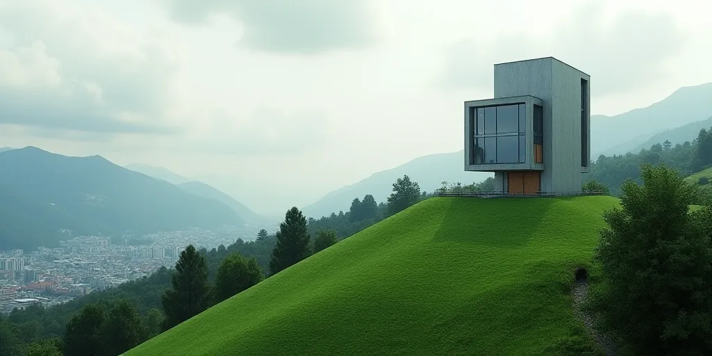 a tall building sitting on top of a lush green hillside next to a city under a cloudy sky with mount