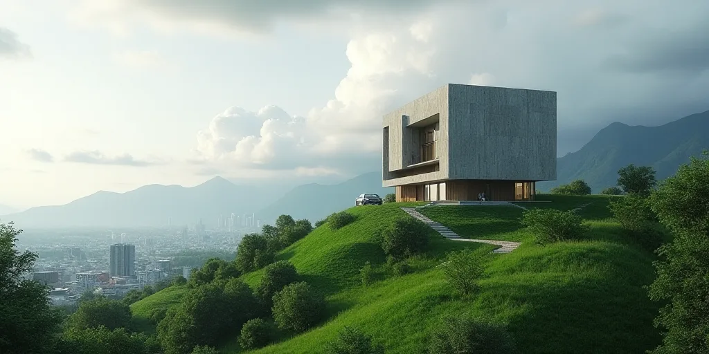a tall building sitting on top of a lush green hillside next to a city under a cloudy sky with mount