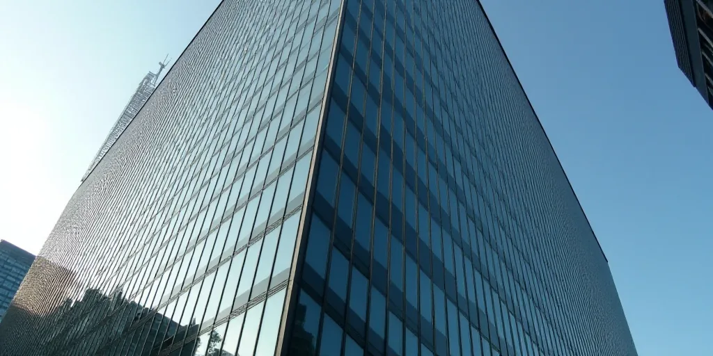 a tall building with a glass front and a sign on the side of it that says the company on the side of