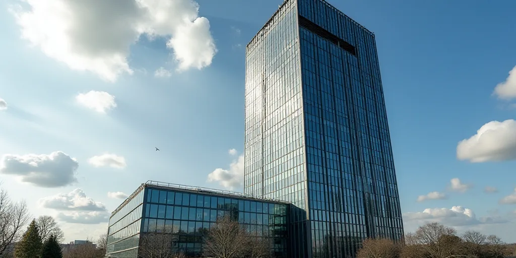 a tall building with a glass front and a sign on the side of it that says the company on the side of