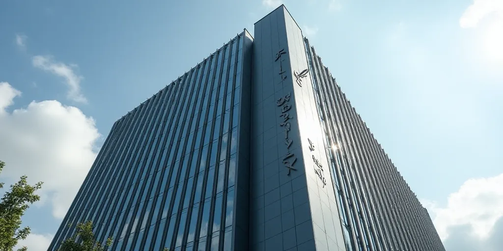 a tall building with a glass front and a sign on the side of it that says the company on the side of