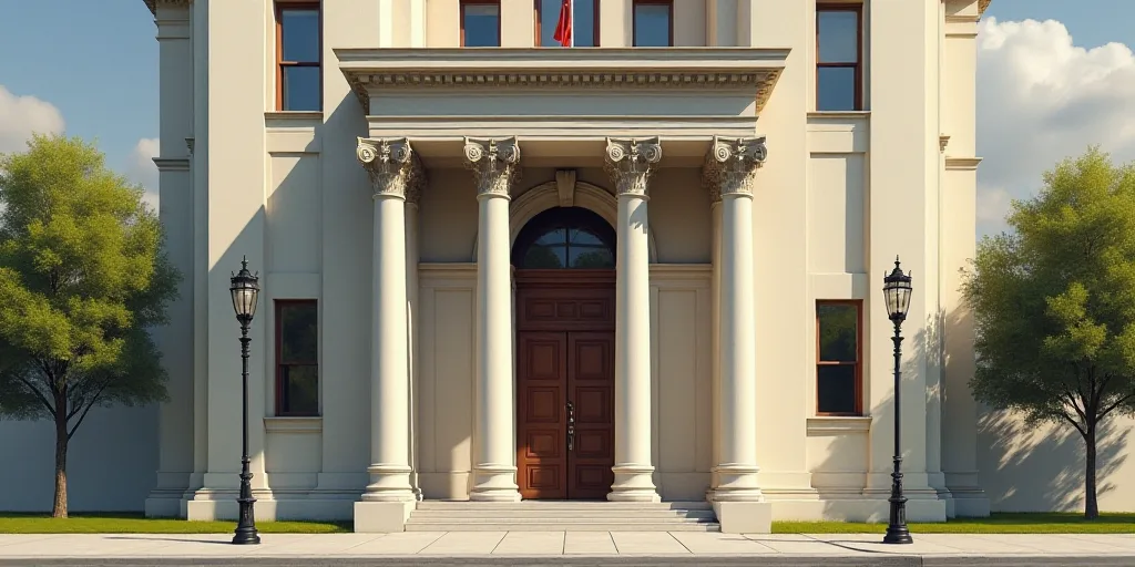 a tall building with columns and a flag on top of it's door and a street light in front of it, Évar