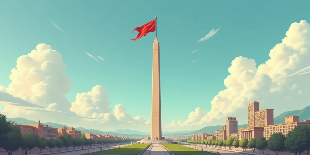 a tall obelisk in a city with a flag flying in the wind and a building in the background, Emiliano P