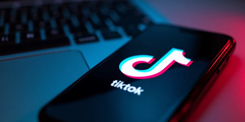 a tiktok logo is displayed on a phone next to a laptop keyboard in this photo illustration taken in