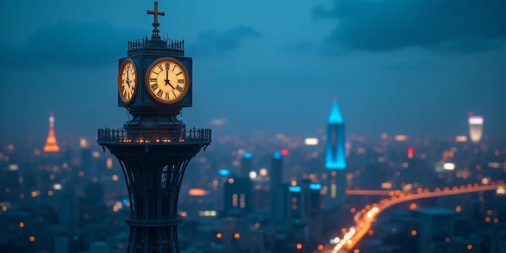 a tower with a clock on top of it with a city in the background with blue lights on it, Beeple, sola