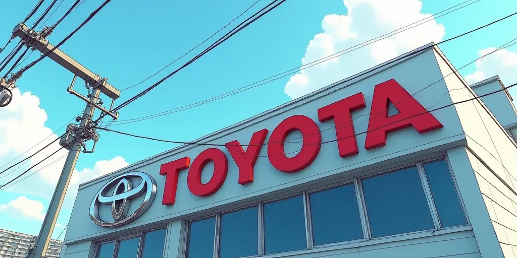 a toyota sign is shown on a building in japan, with power lines above it and a toyota logo on the si