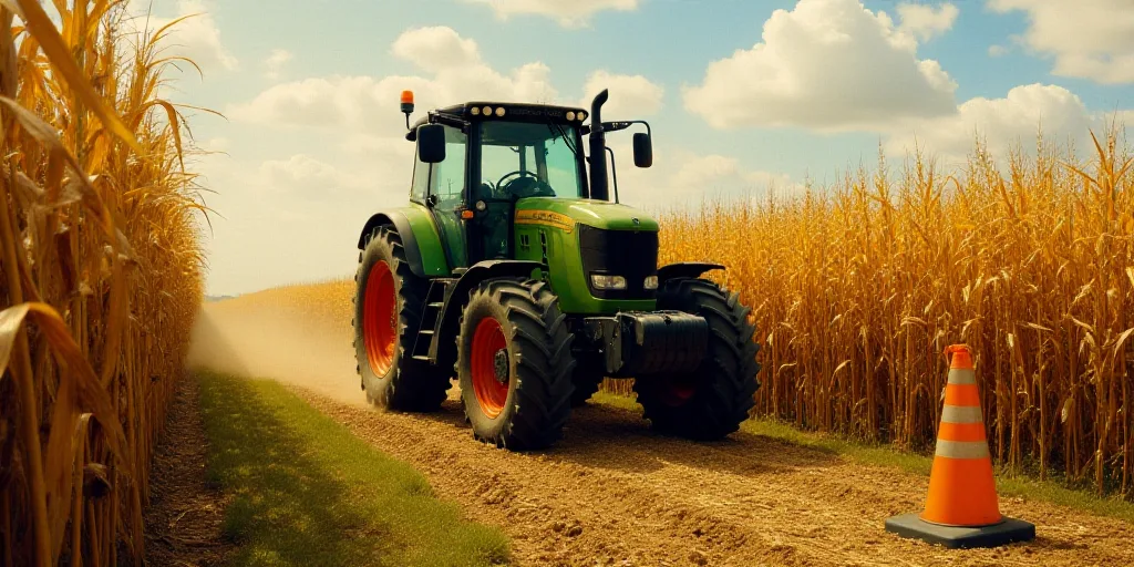 a tractor is driving through a field of corn and corn stalks in the foreground, with a yellow cone i