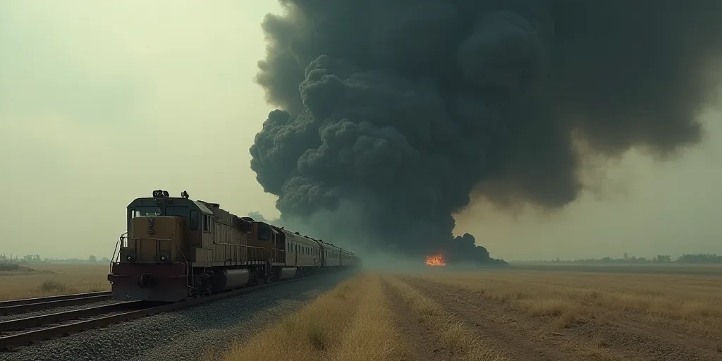 a train is on the tracks near a large black cloud of smoke and smoke billowing from the sky, Bouchta