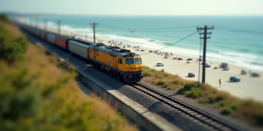 a train is on the tracks near the water and a beach with cars parked on it and people walking around