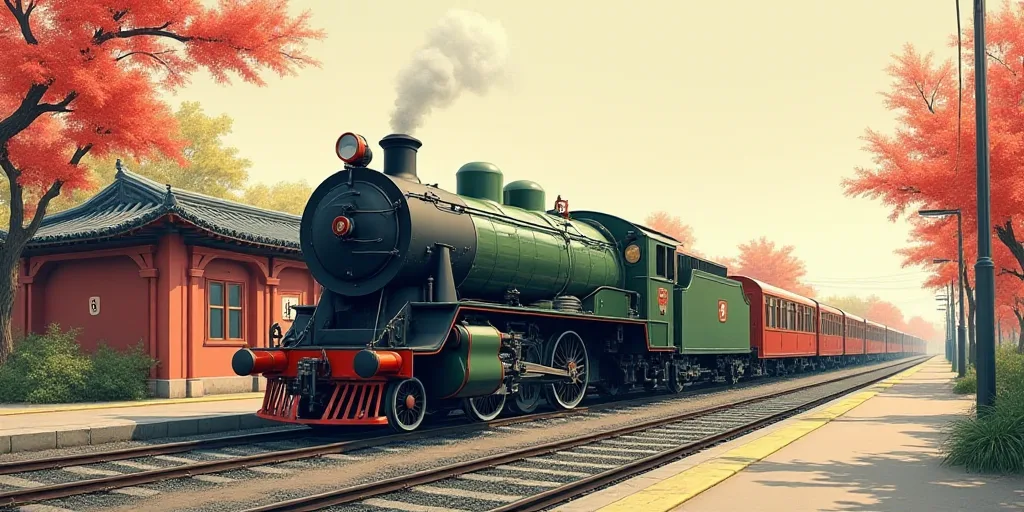 a train is parked on the tracks near a building and a gate with a sign on it that says,, Cao Buxing,