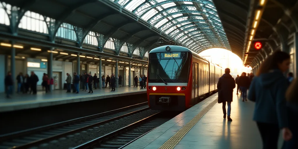 a train is pulling into a station with people waiting on the platform to board it and a few people a