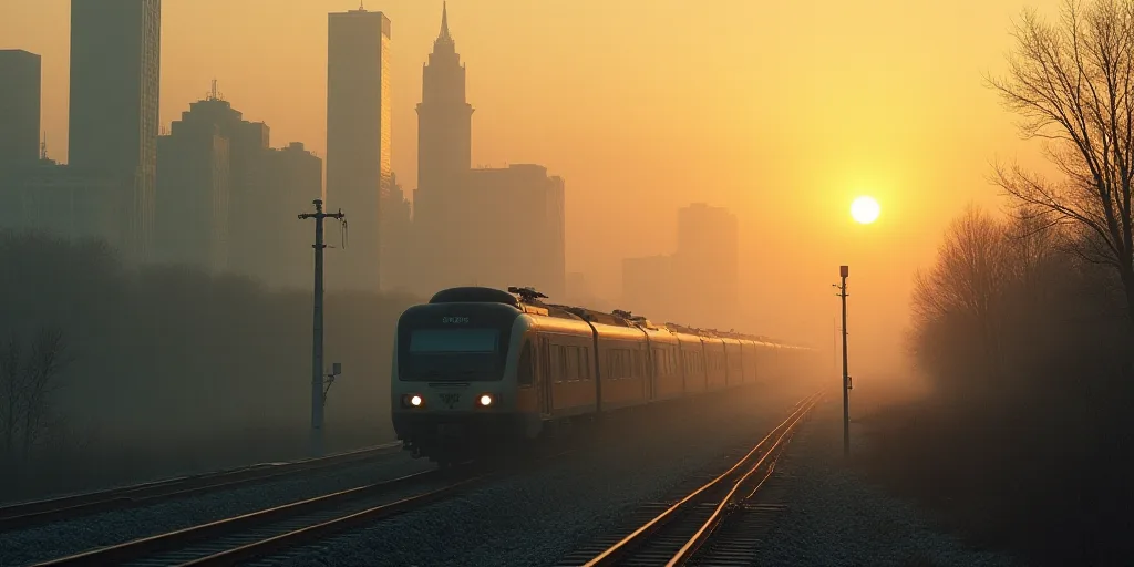 a train traveling down tracks next to a city in the foggy day time with a sun in the sky, Amir Zand,