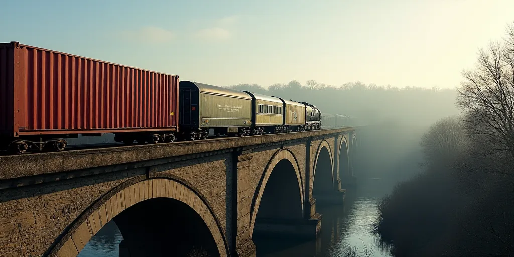 a train traveling over a bridge with a cargo container on top of it's side and a train on the other