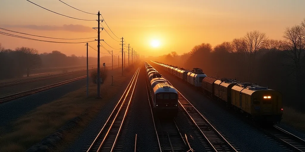 a train yard with many trains on the tracks and a river running through it and a sunset in the backg